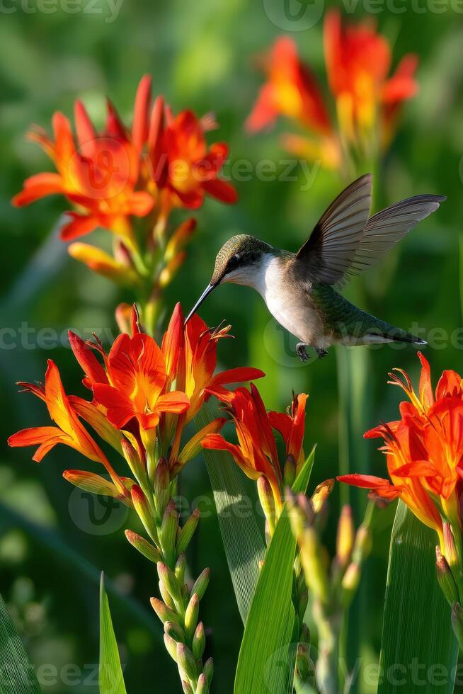 A hummingbird is hovering over some flowers photo