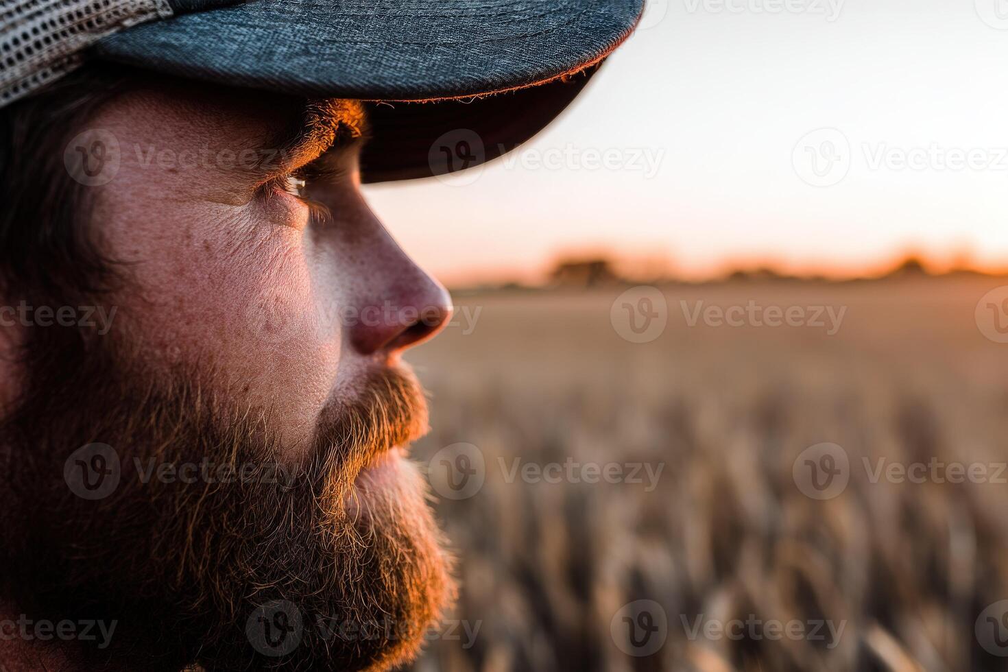 A man with a beard and hat in a field photo