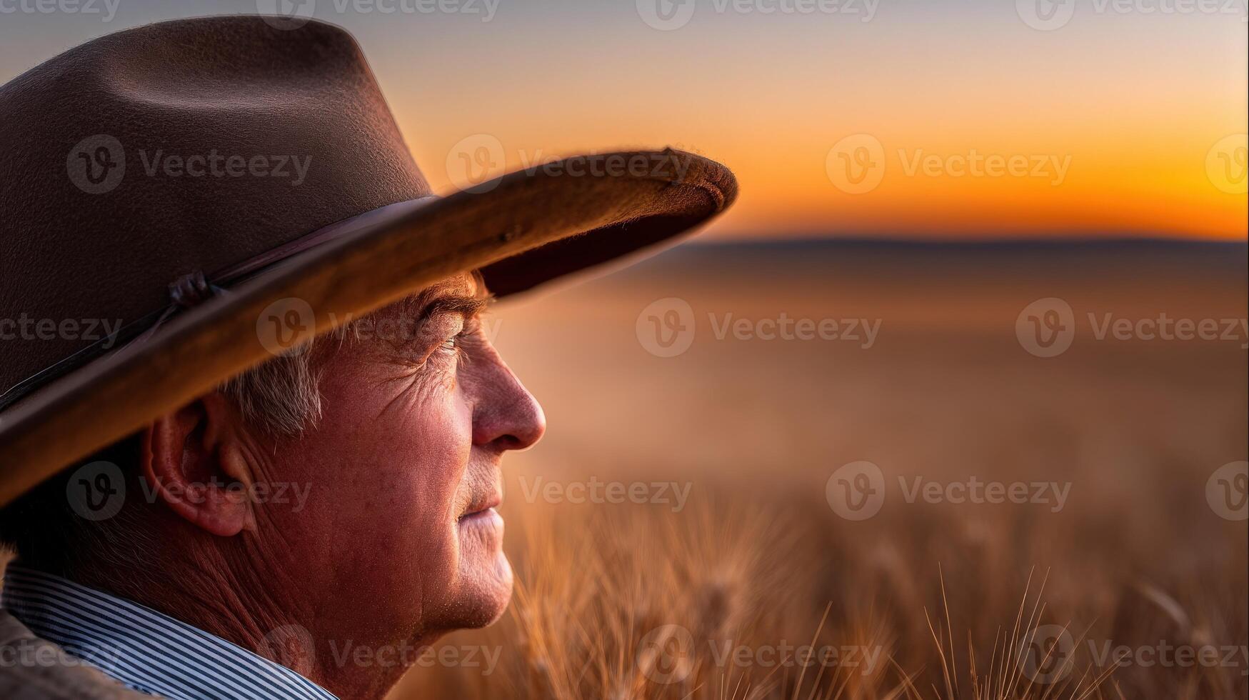 A man in a cowboy hat looking out to the horizon photo