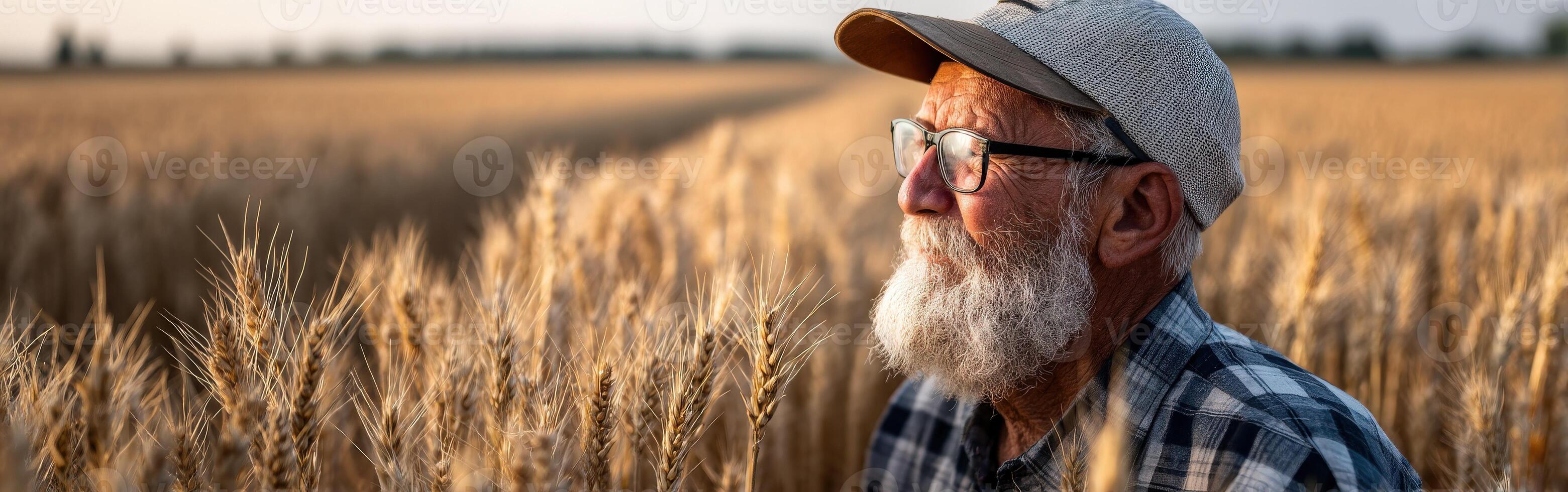 An older man in a plaid shirt and hat in a field of wheat photo