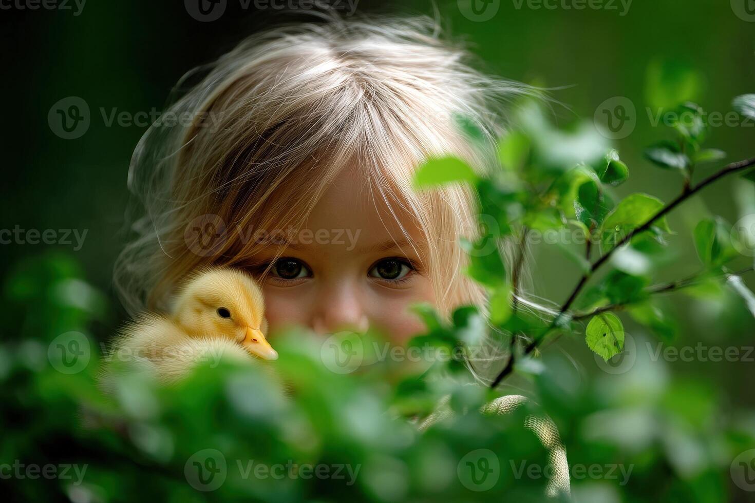 A little girl is holding a duckling in the woods photo