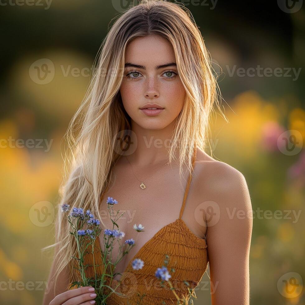 A beautiful young woman in a brown dress holding flowers photo