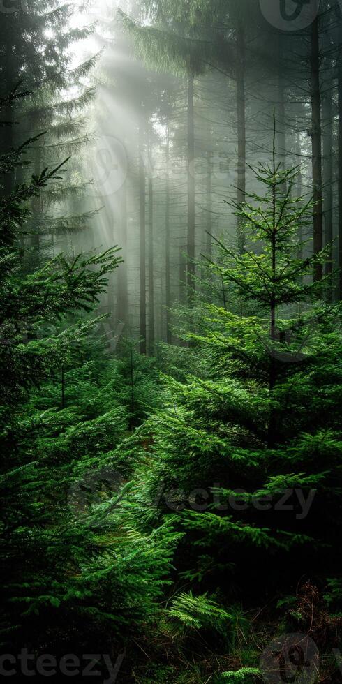 A forest with trees and sunlight shining through photo