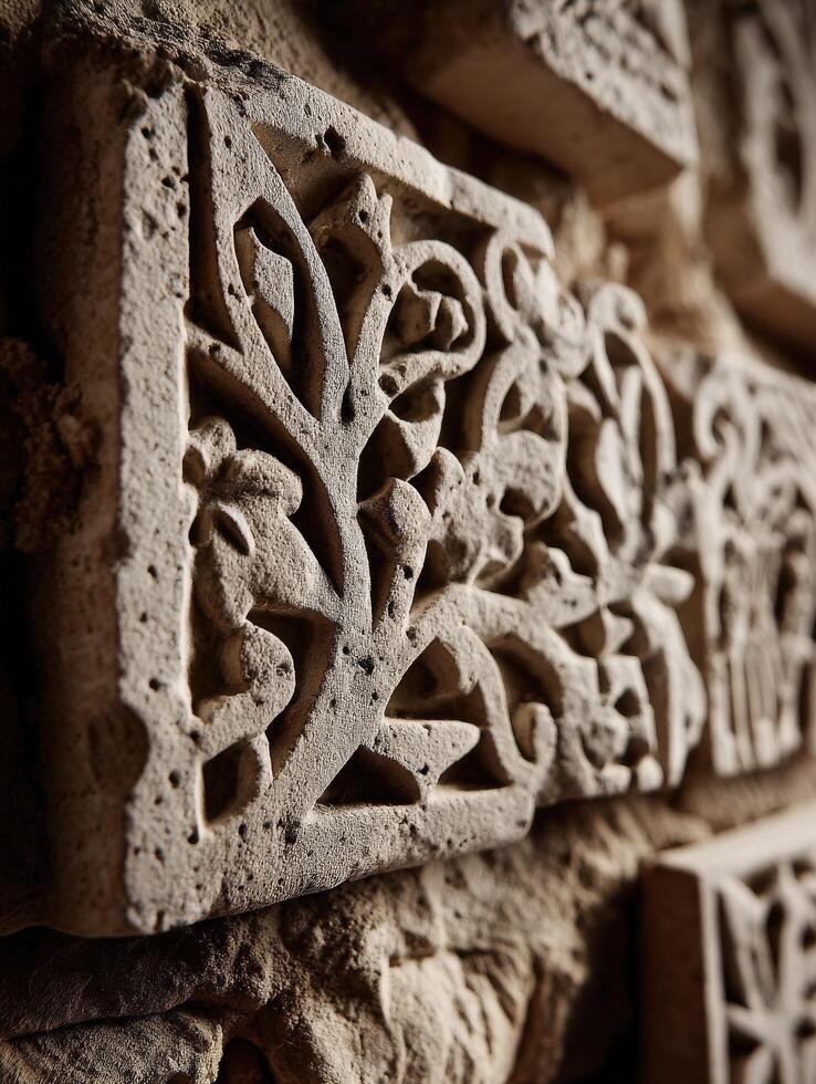 Ancient carvings on a stone wall photo