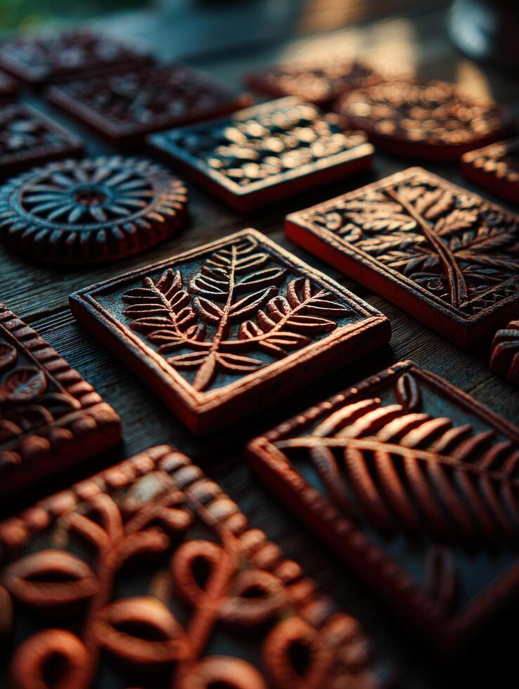 A collection of wooden coasters with designs on them photo