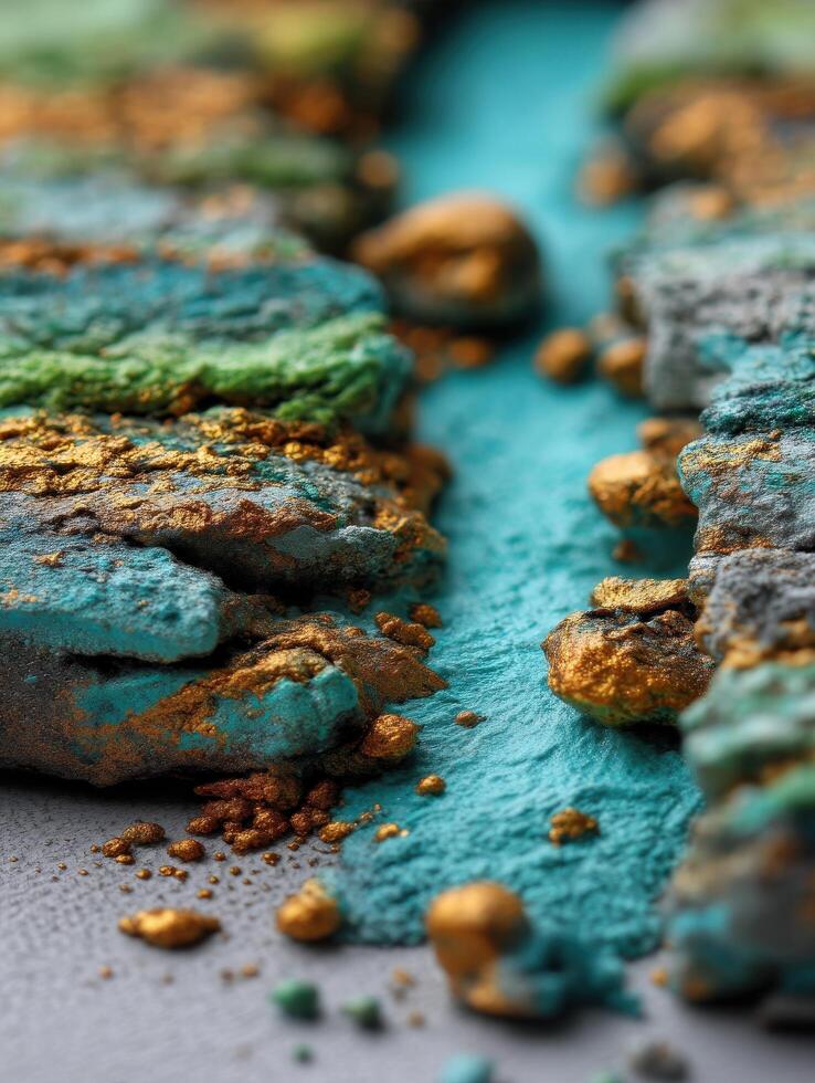 A close up of a piece of rock with gold and green paint photo