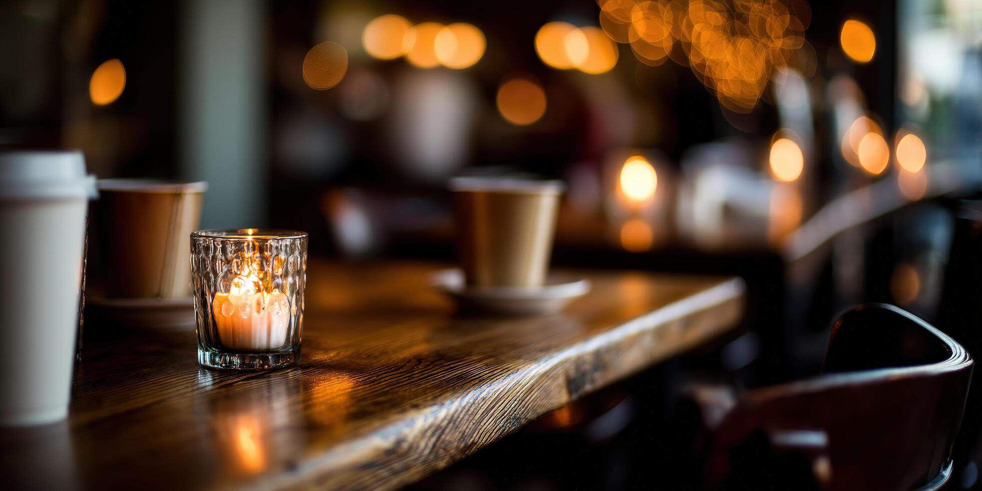 A table with a candle and coffee cups on it photo