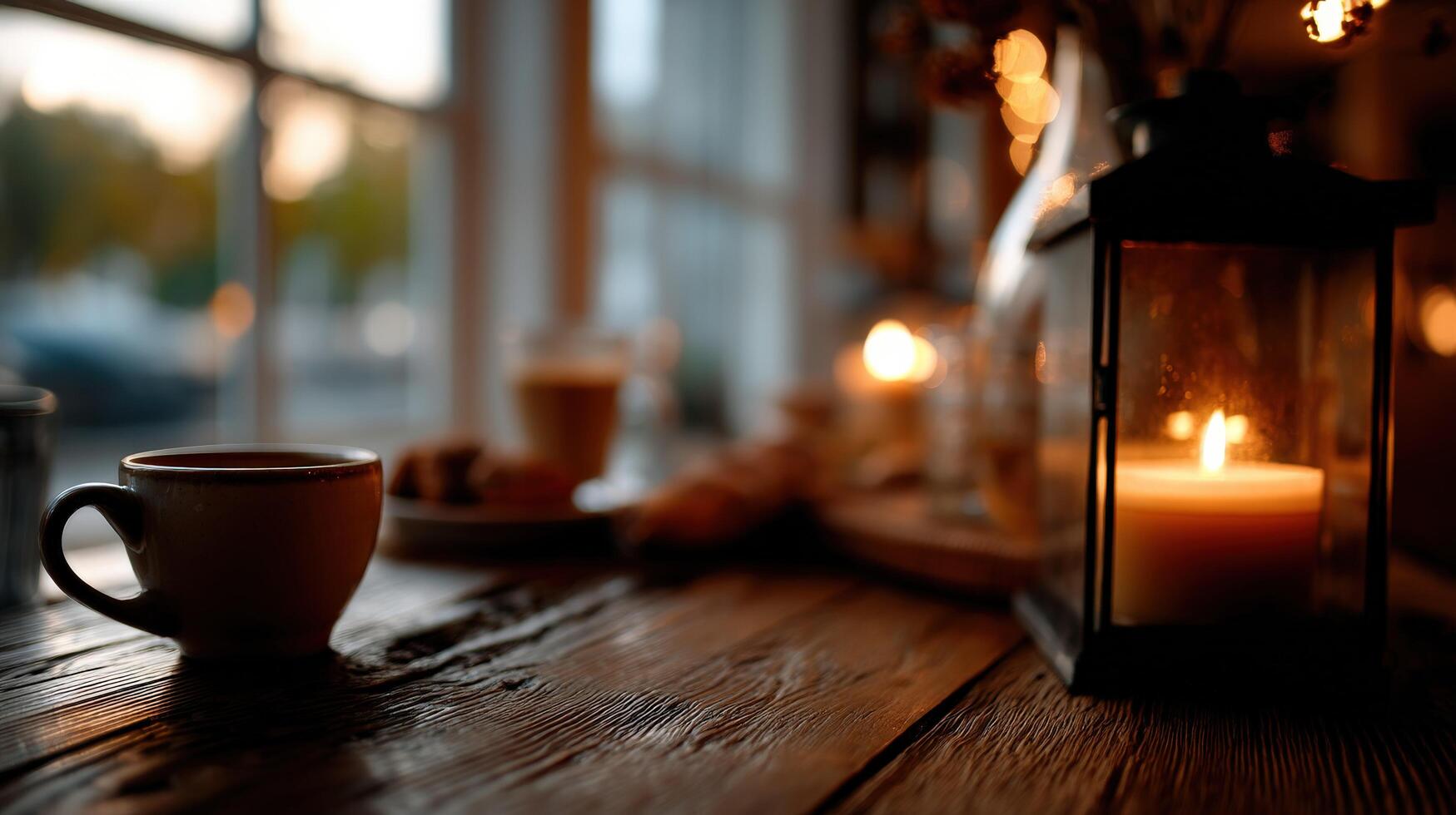 A cup of coffee and a candle sit on a wooden table photo