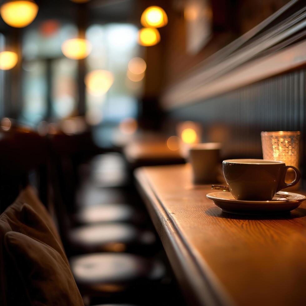 Coffee cup on a wooden table photo