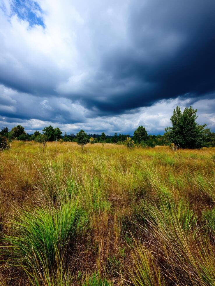 A field with tall grass and trees under a cloudy sky photo