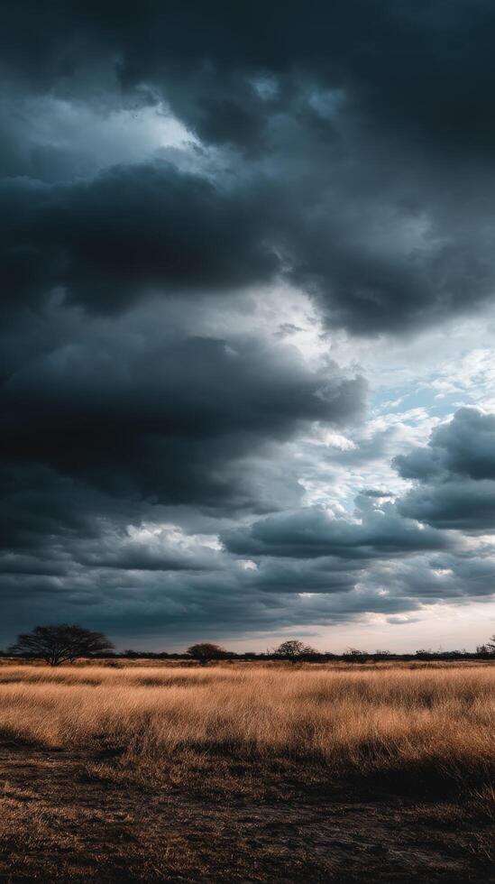 A dark sky over a field with grass and trees photo