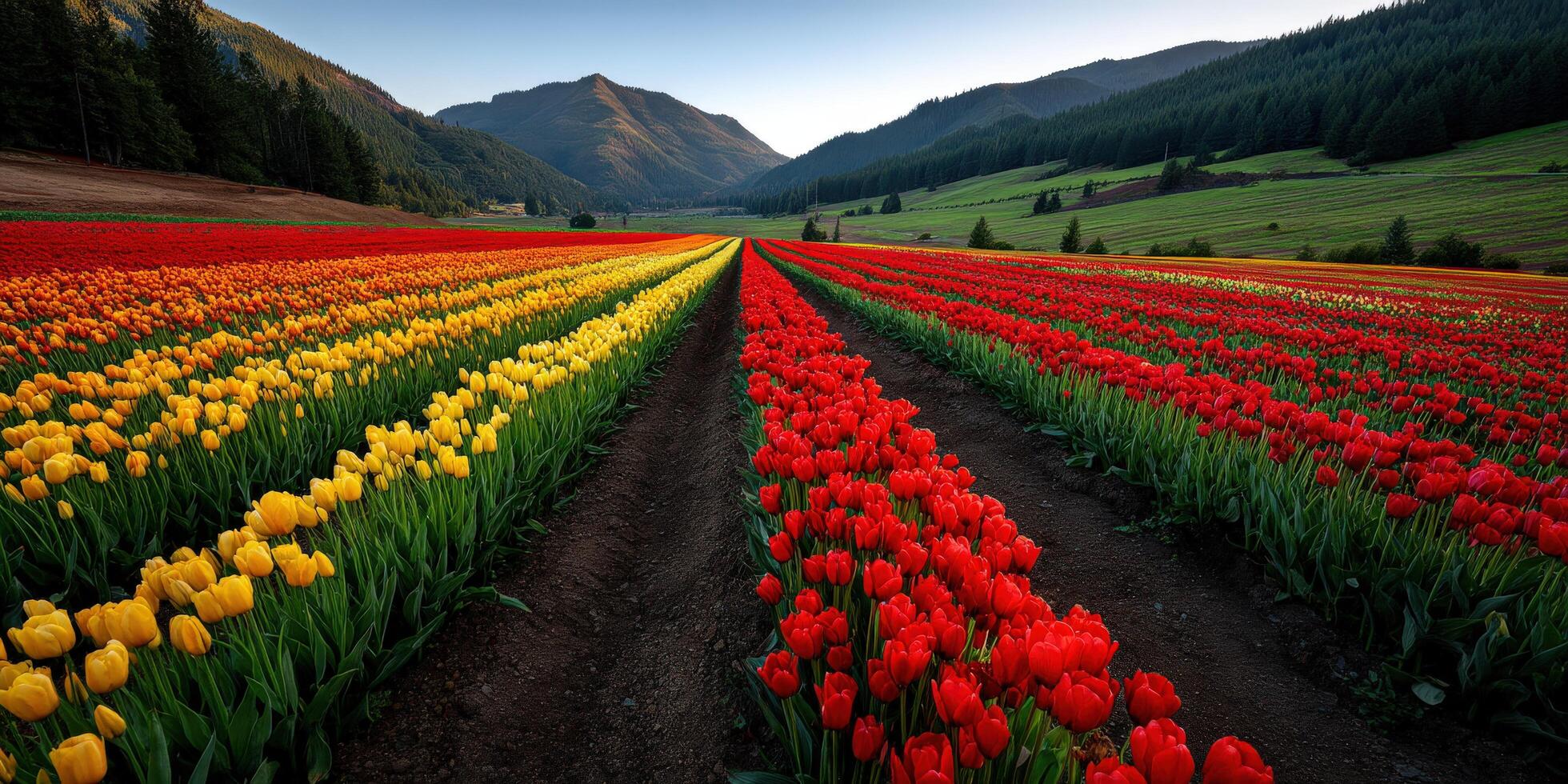 A field of red and yellow tulips in the mountains photo