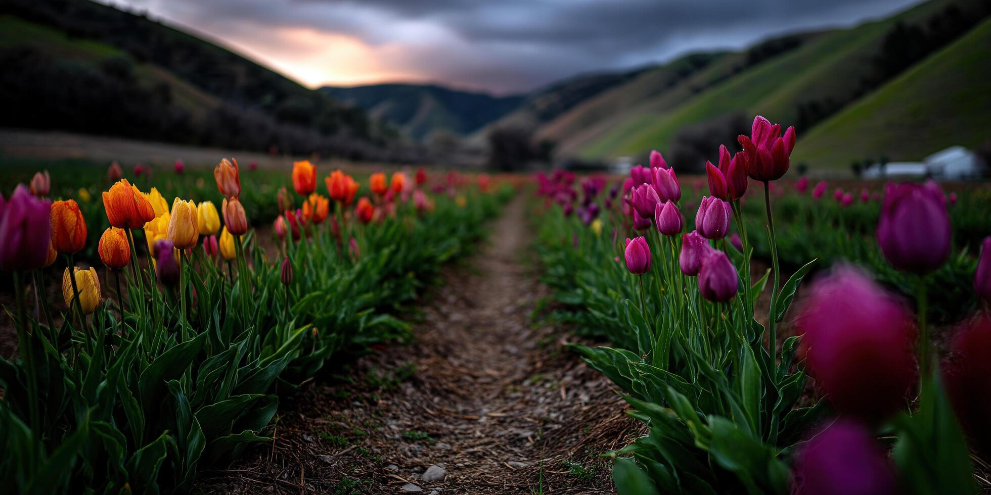 A field of tulips with a dark sky behind them photo