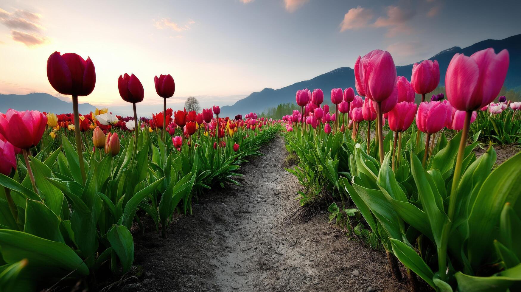 A path leads to a field of pink tulips photo