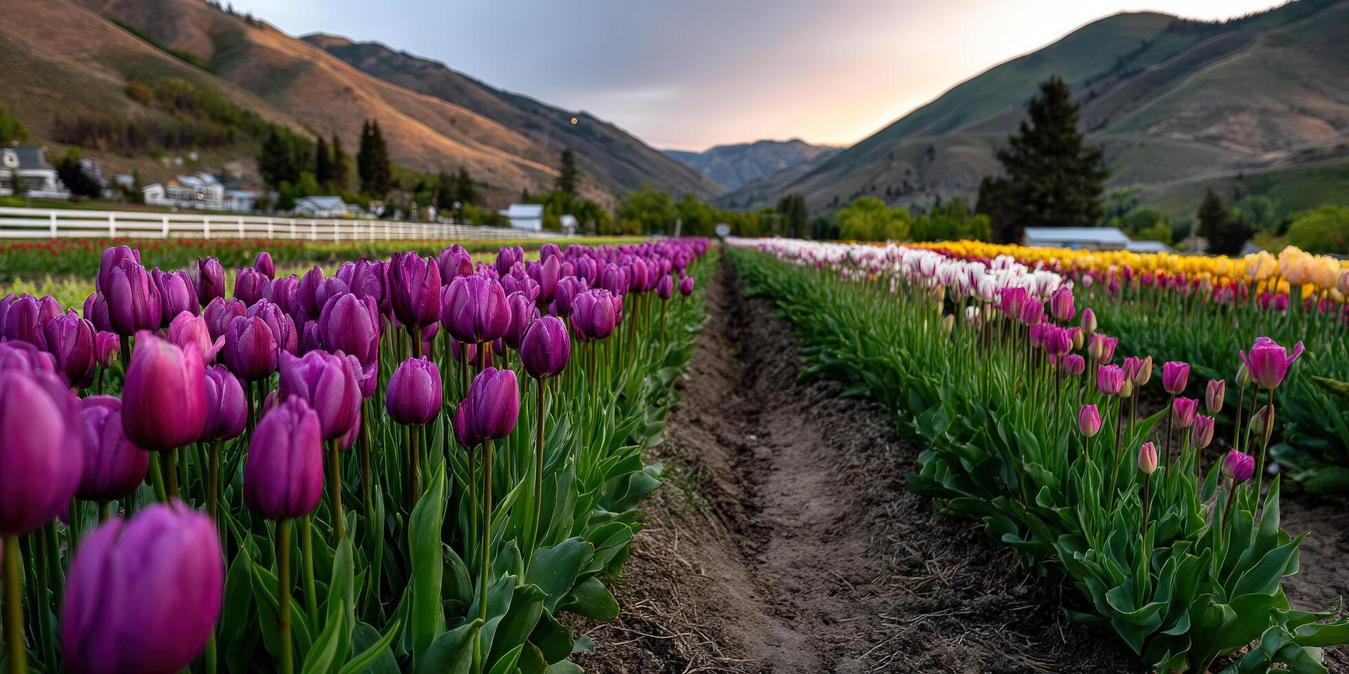 A field of purple and yellow tulips in the mountains photo