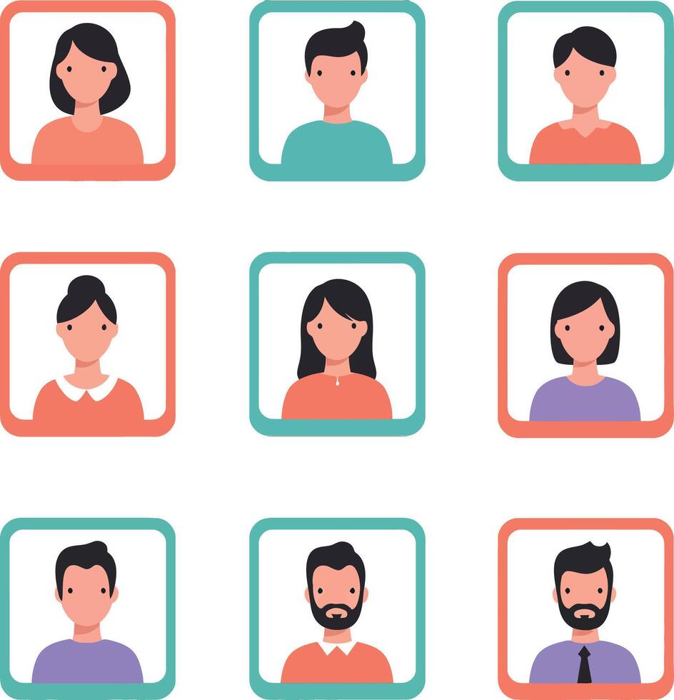 Diverse group of nine people avatars in colorful frames illustration vector