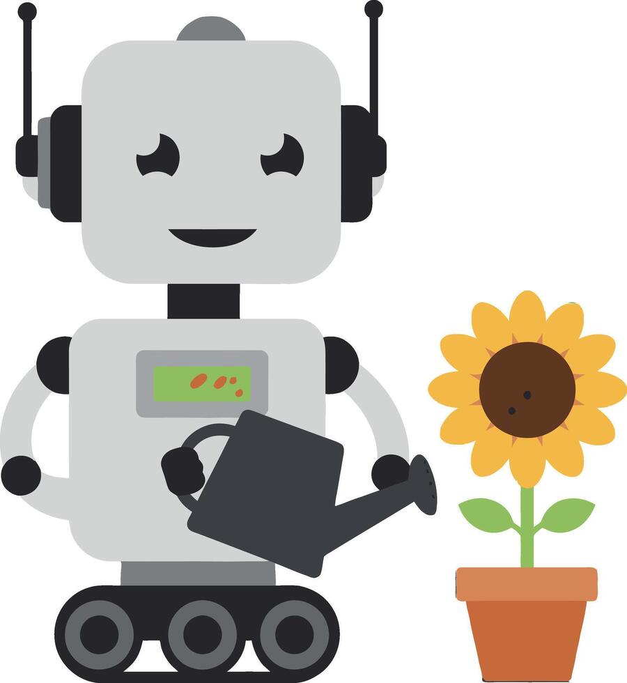 Robot watering potted sunflower flower in simple illustration design vector