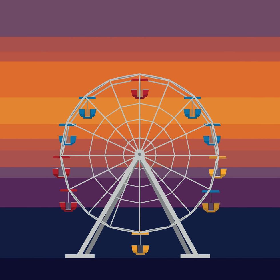 Ferris wheel amusement park ride with colorful cabins sunset background illustration vector