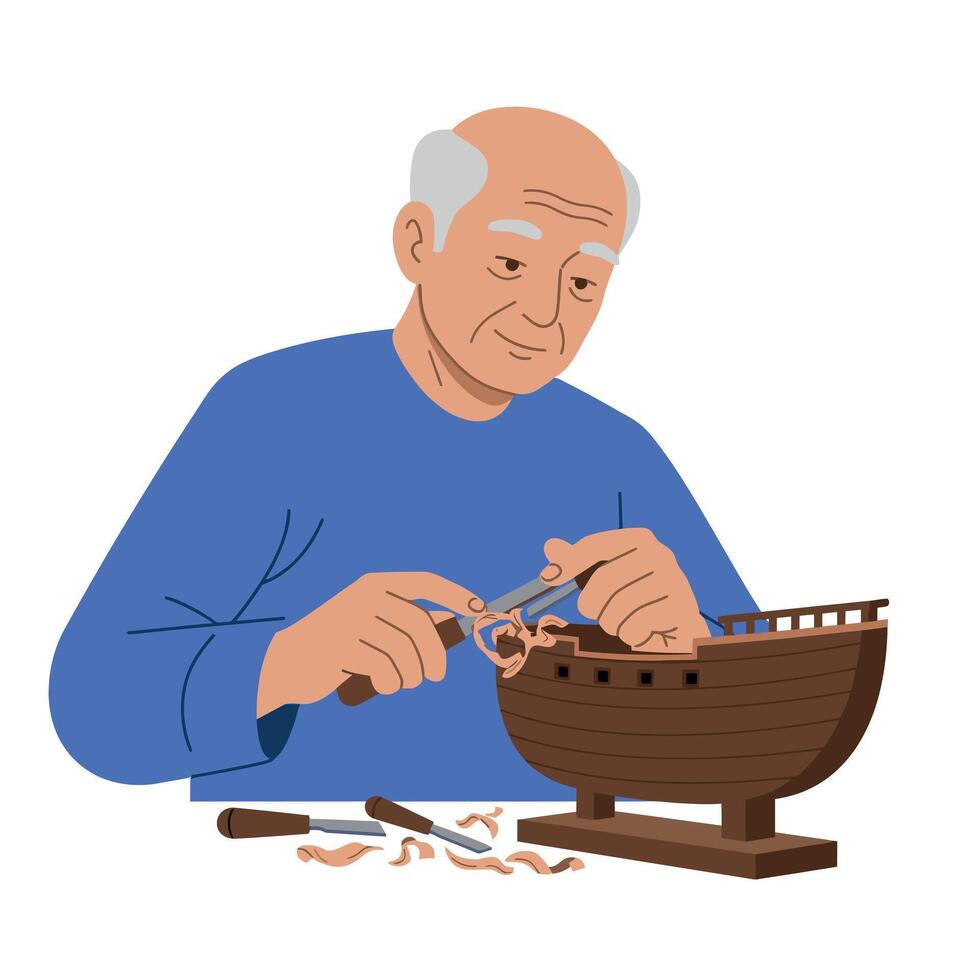 Elderly man building wooden ship model with tools in blue sweater illustration vector