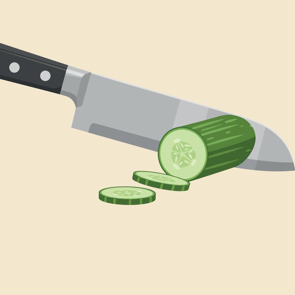 Kitchen knife cutting fresh green cucumber slices on beige background illustration vector