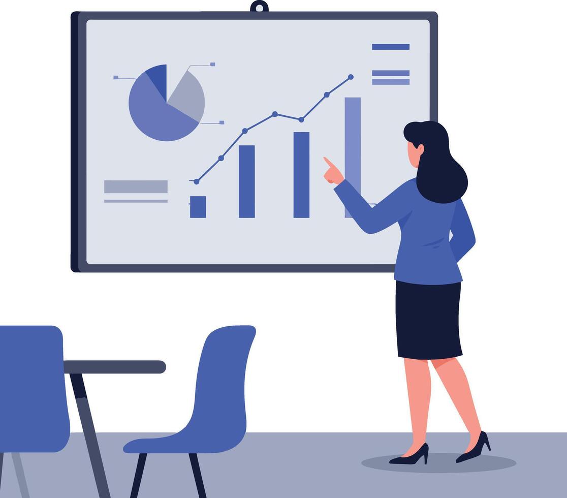 Businesswoman Analyzing Blue Chart Statistics Presentation Illustration vector