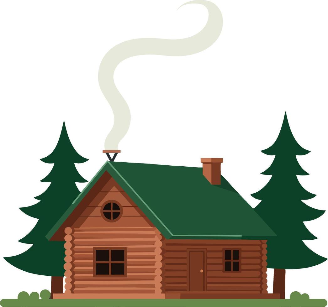 Wooden cabin with green roof and smoking chimney in forest illustration vector