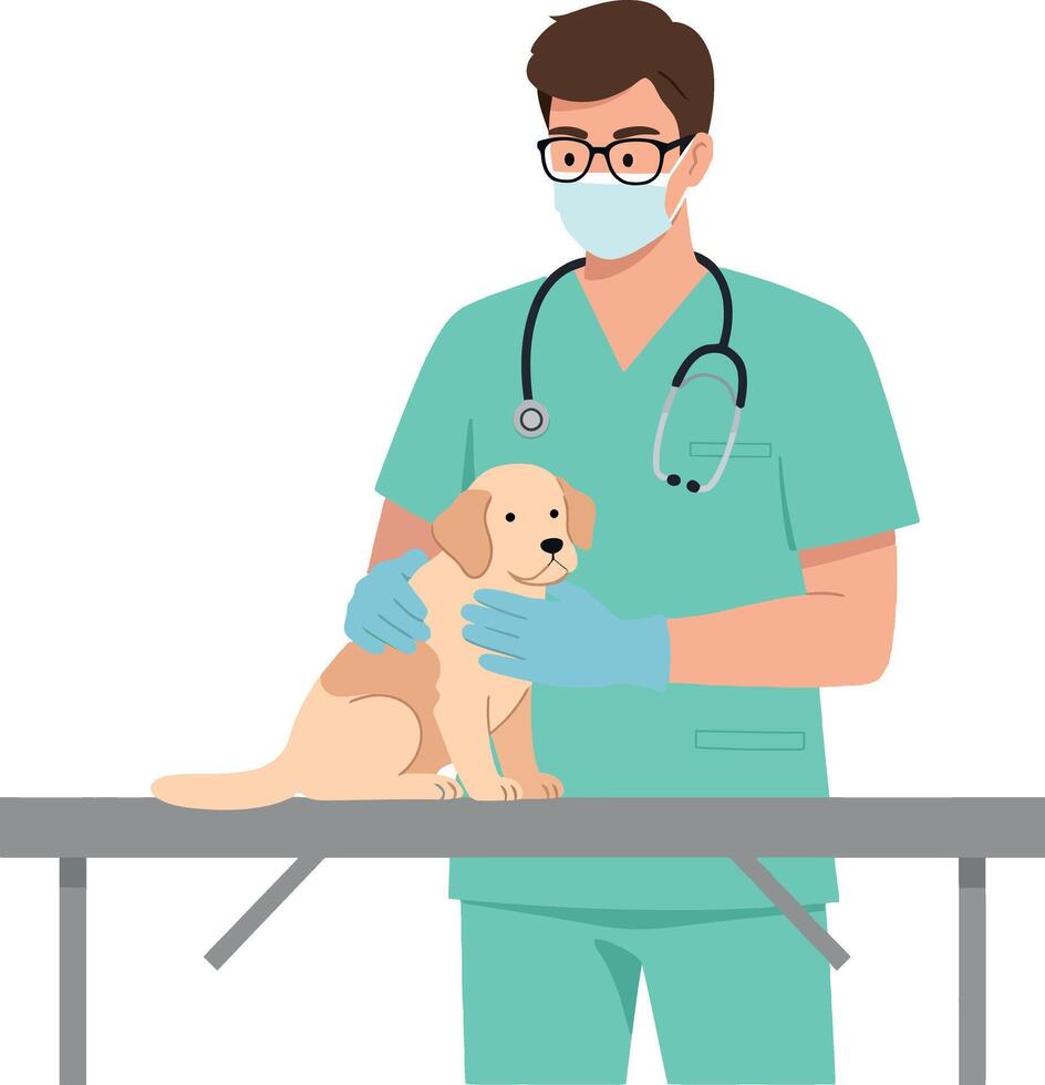 Veterinarian examining puppy on medical table wearing mask and gloves in clinic environment vector