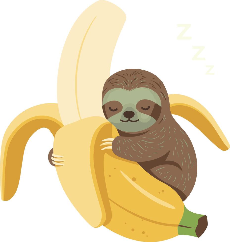 Sloth Sleeping Hugging Banana Cute Animal Illustration in Soft Colors vector