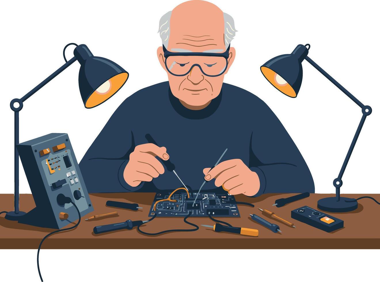 Elderly man repairing electronics with soldering tools at workbench illustration vector