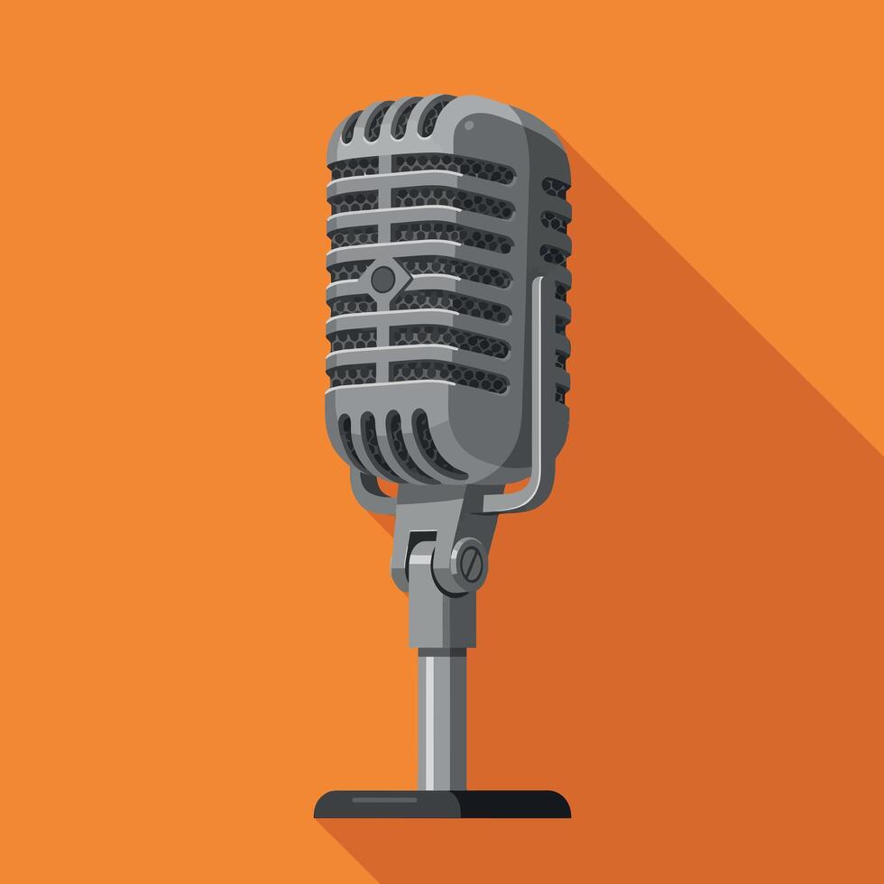 Vintage microphone illustration with long shadow on orange background graphic vector