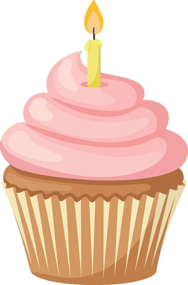 Birthday cupcake with pink frosting and lit candle celebration dessert illustration vector