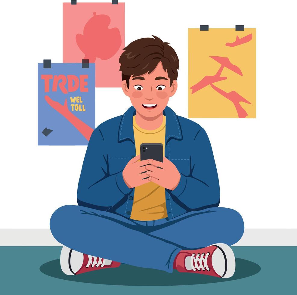 Young man sitting cross legged using smartphone with colorful posters behind illustration vector