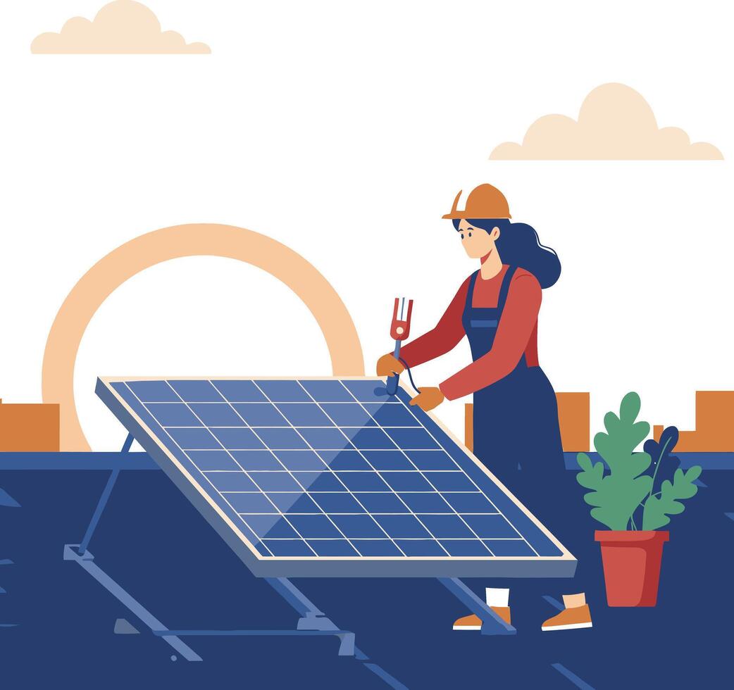 Woman installing solar panel on rooftop with greenery and blue sky illustration vector