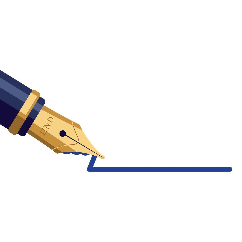 Fountain pen nib writing blue ink line on white background illustration simple design vector