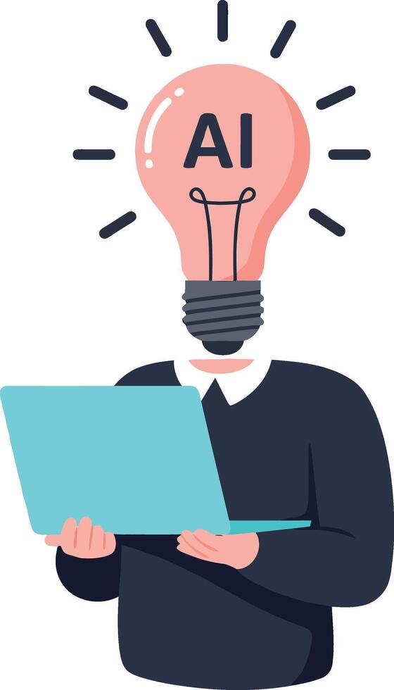 Artificial Intelligence Concept with Light Bulb Head and Laptop User Illustration vector