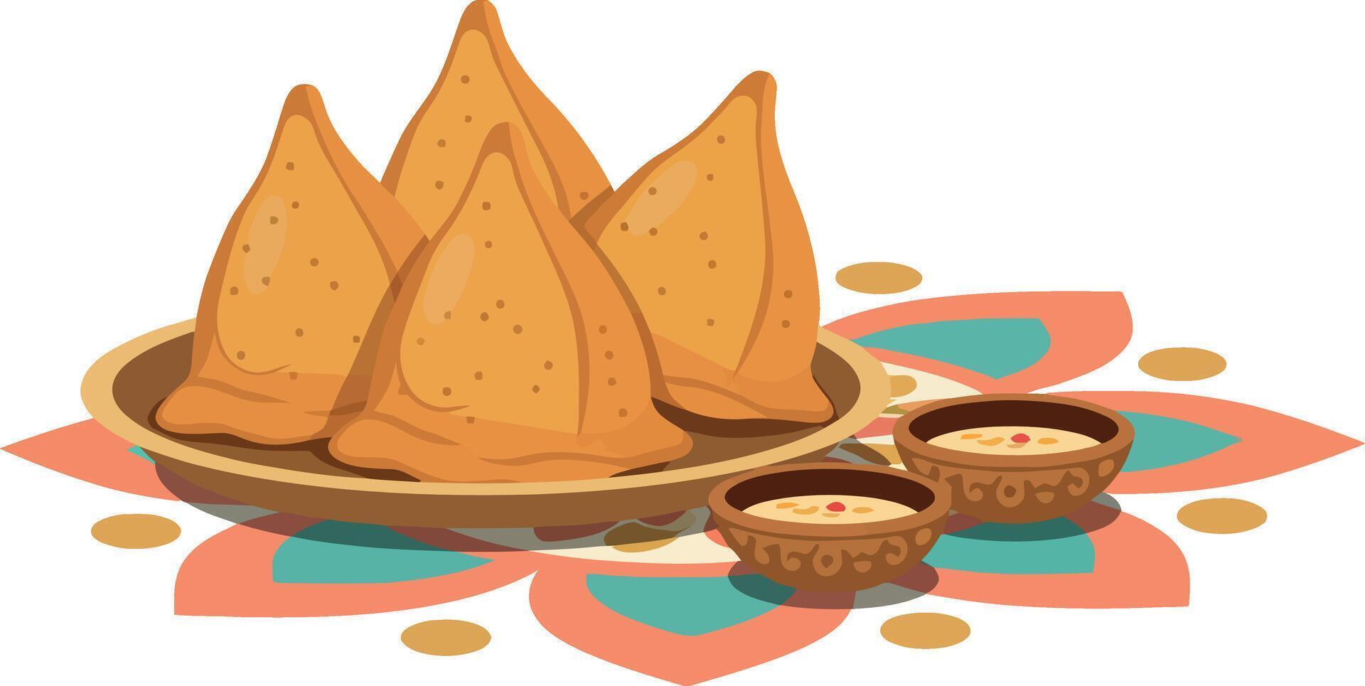 Indian samosas with dipping sauces and decorative plate illustration vector