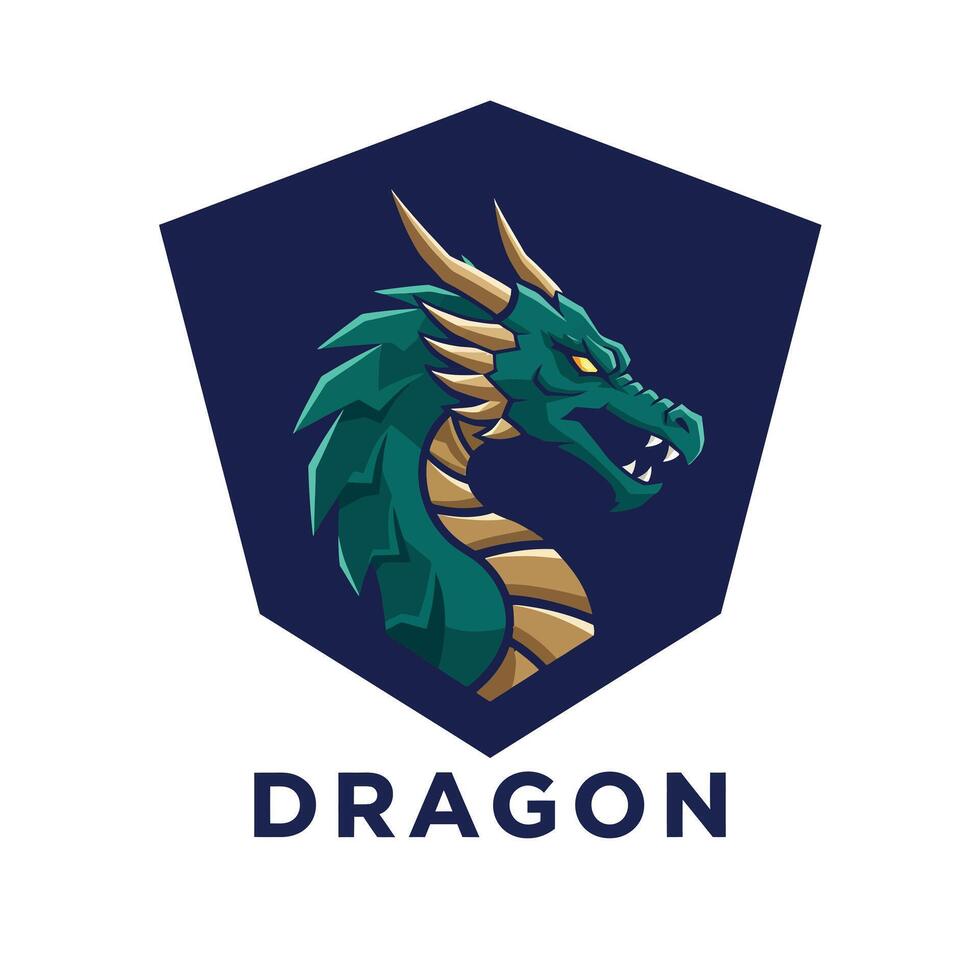 Dragon logo design with green and gold mythical creature illustration emblem vector