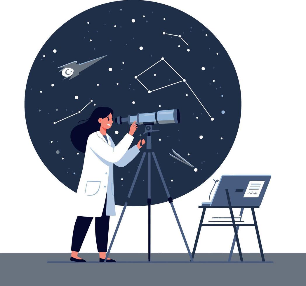 Female astronomer observing stars with telescope and constellations at night illustration vector
