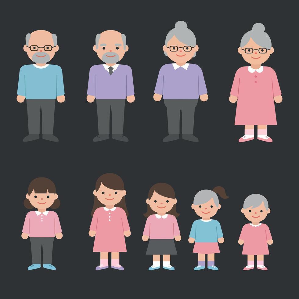Elderly and young family members in casual clothing illustration with glasses and diverse hairstyles vector