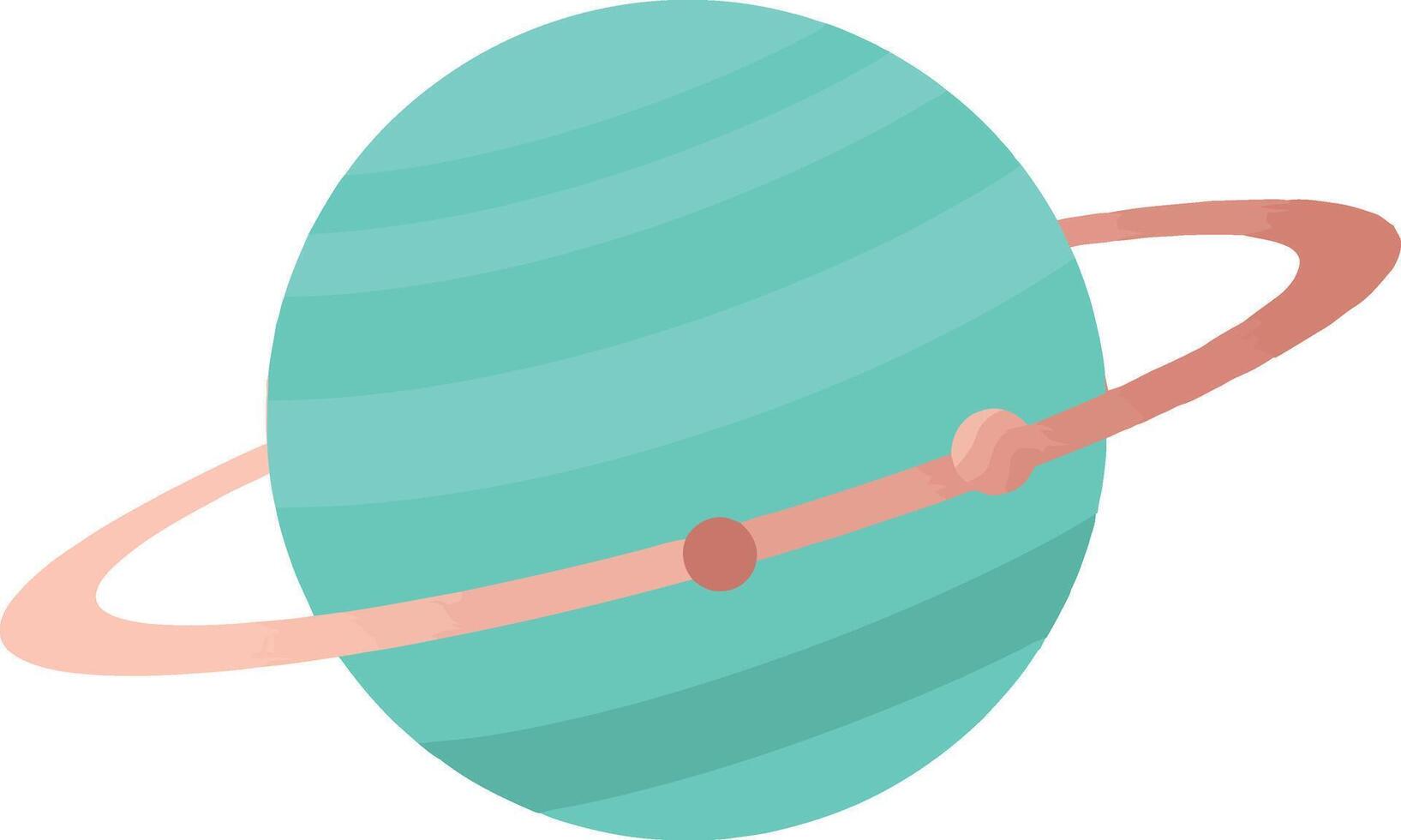 Planet with rings and orbiting moons illustration in turquoise and coral colors vector