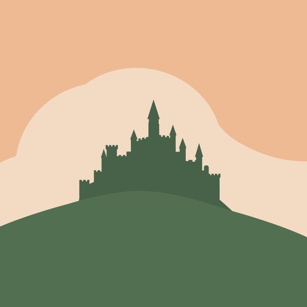 Castle silhouette on hill with sunset background in green and beige colors illustration vector
