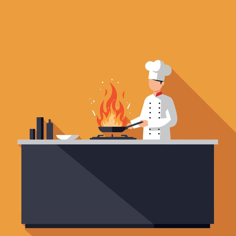 Chef cooking with flaming pan in modern kitchen orange background illustration vector