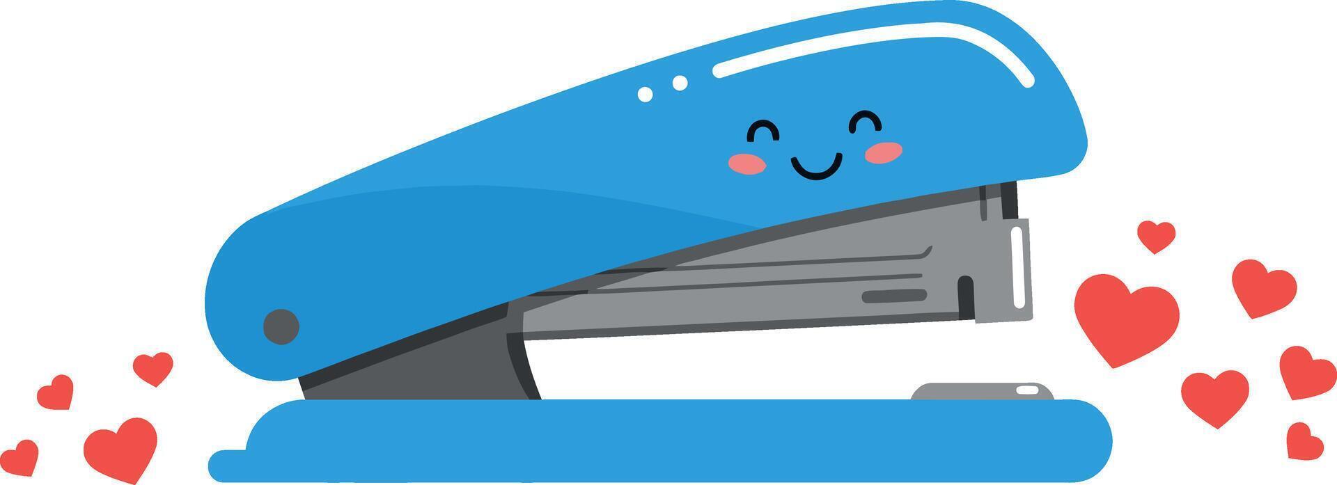 Blue stapler with smiling face and red hearts illustration cute office supply design vector