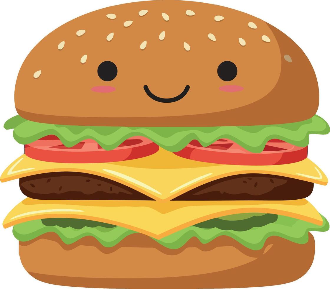 Cute cheeseburger with smiling face illustration with lettuce and tomato vector