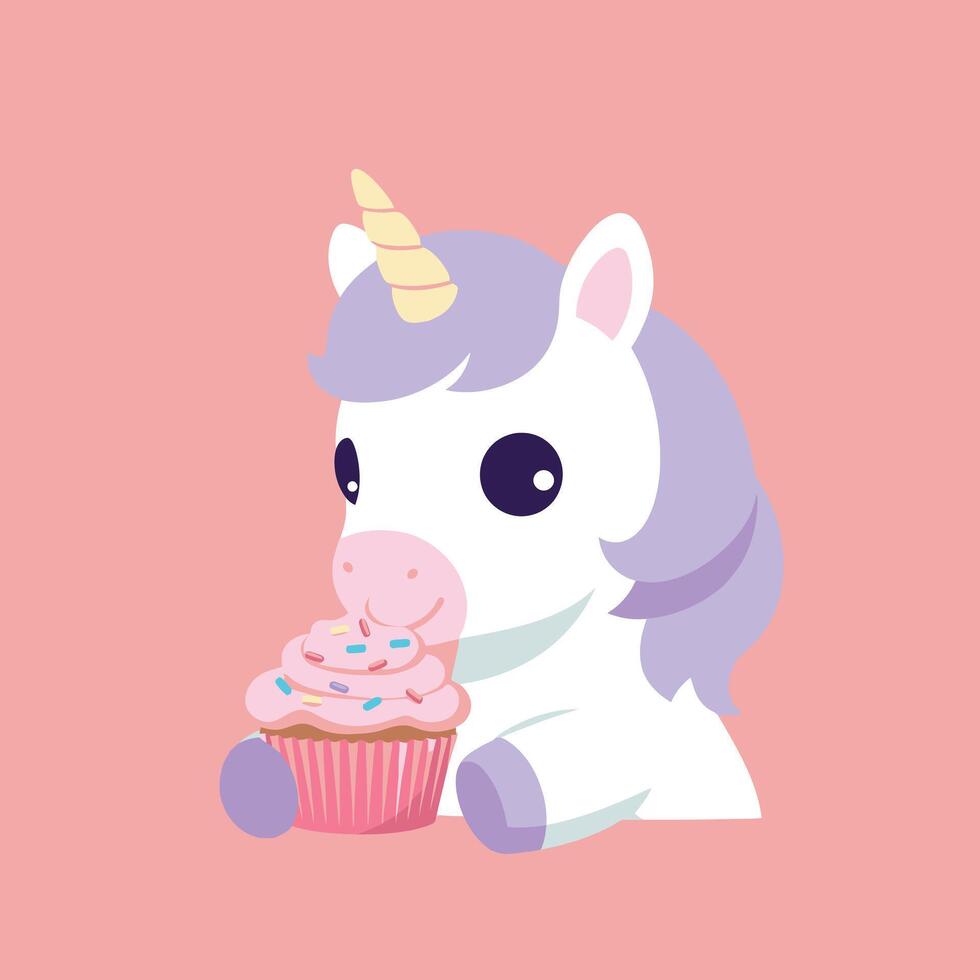 Unicorn holding cupcake with pink frosting and sprinkles cute fantasy character vector