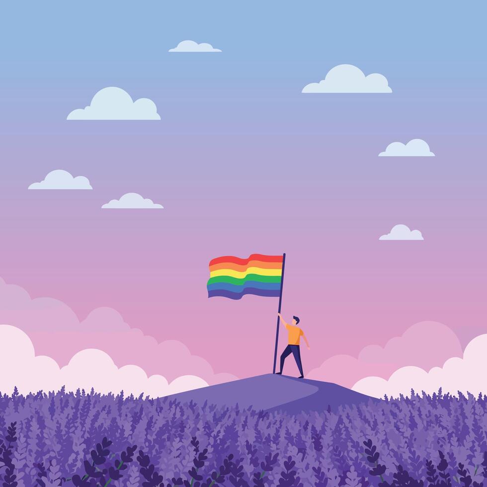 Person Holding Rainbow Pride Flag on Hill with Purple Trees and Pink Sky Illustration vector