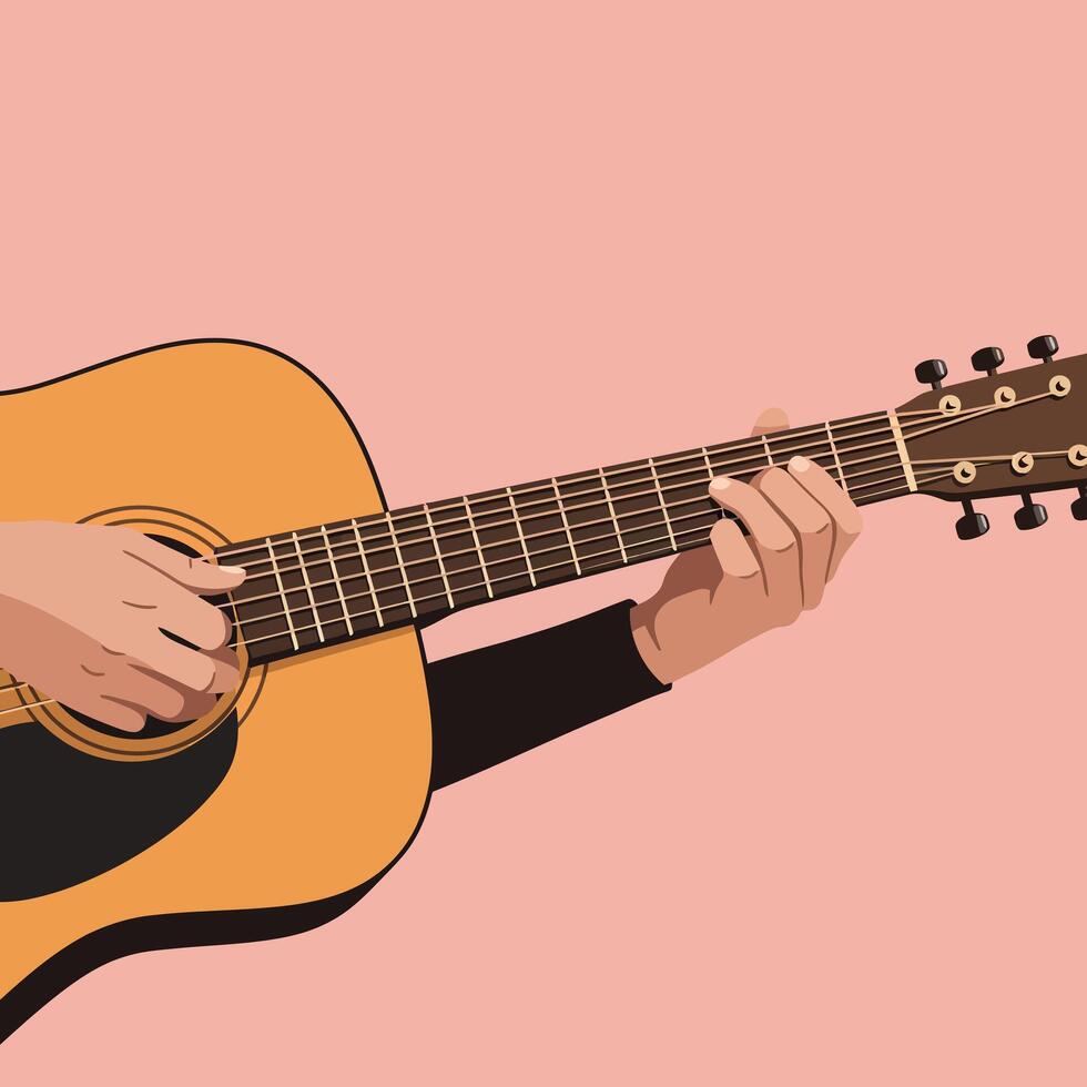 Acoustic guitar hands playing music instrument on pink background illustration vector