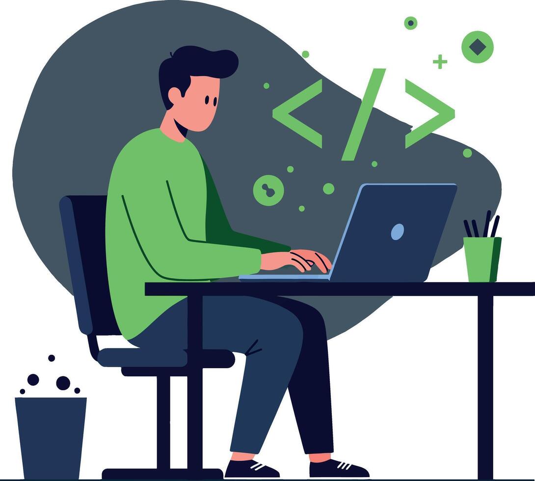 Young man programming on laptop with coding symbols green and black flat illustration vector