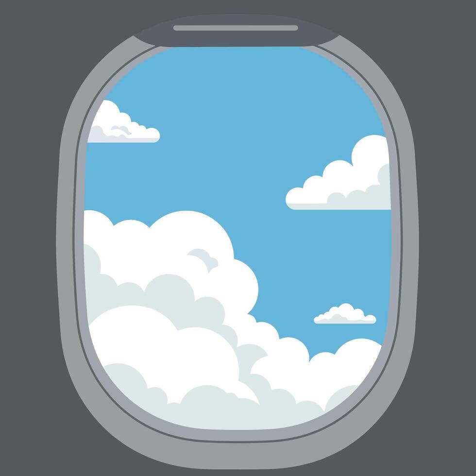 Airplane window view with blue sky and white clouds illustration landscape orientation vector