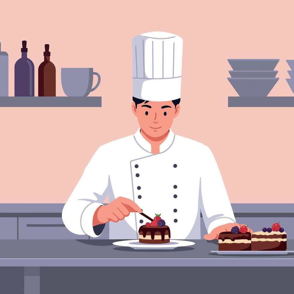 Chef in white uniform decorating chocolate cake in professional kitchen illustration vector